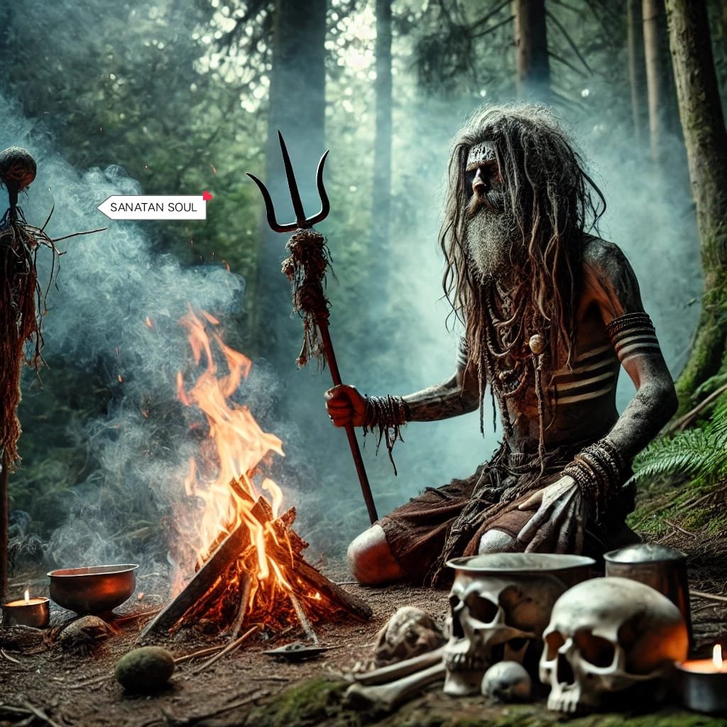 Exploring Mahadev's Fifth Form: the Aghori Avatar 6 Aghori holding a trident and sitting by a fire in a dense forest, surrounded by ritual items and skulls, with the words 'Sanatan Soul' in the background.