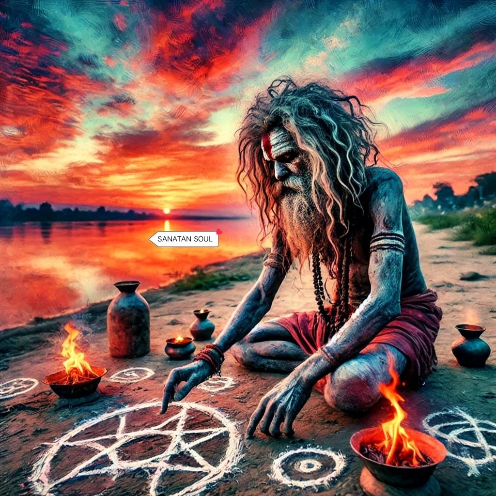 Exploring Mahadev's Fifth Form: the Aghori Avatar 3 An Aghori meditates on a rock in a serene natural setting at sunrise, surrounded by trees and birds, in the background.